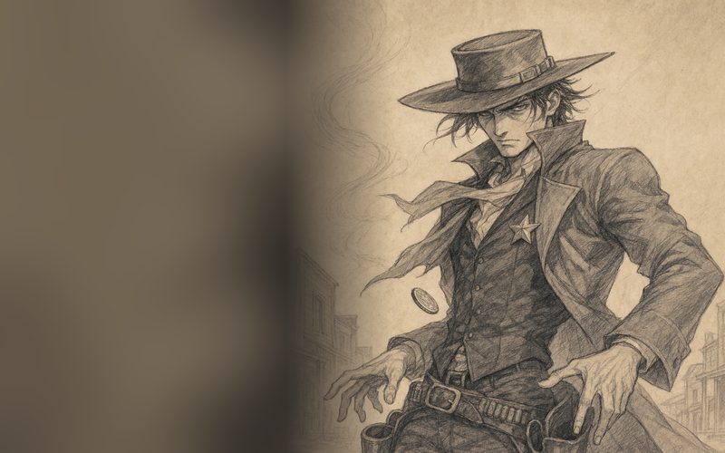 Marshal Colt McRae, hat low, hand on his revolver