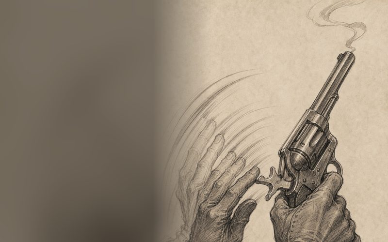 A gunslinger fanning the hammer of a revolver
