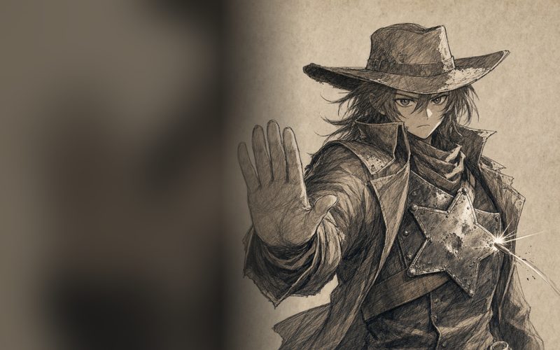 A tin-star sheriff standing in the street at high noon