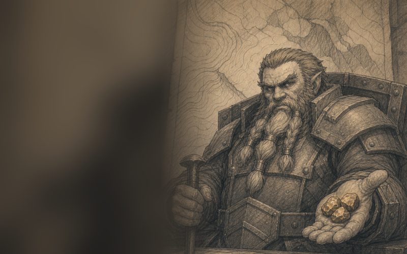 A dwarven baron seated on a pile of ore