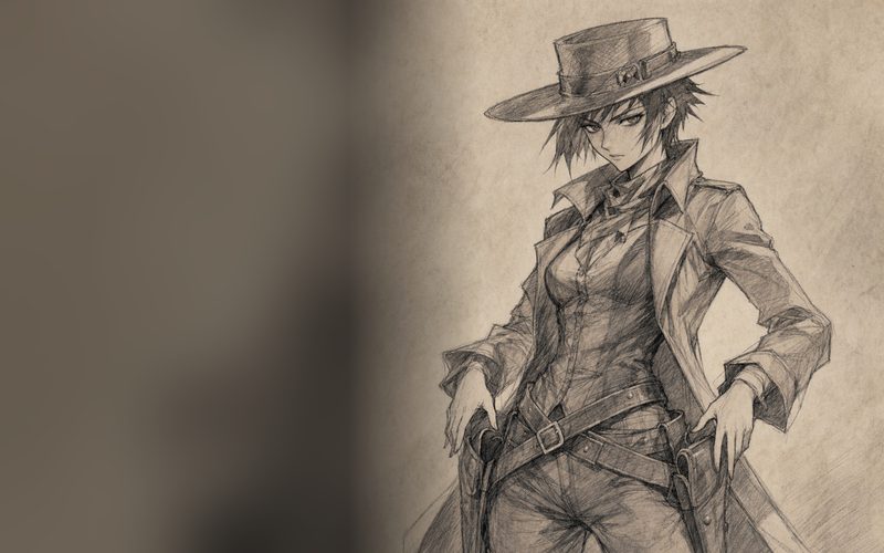 A duelist with two irons drawn on a dusty street