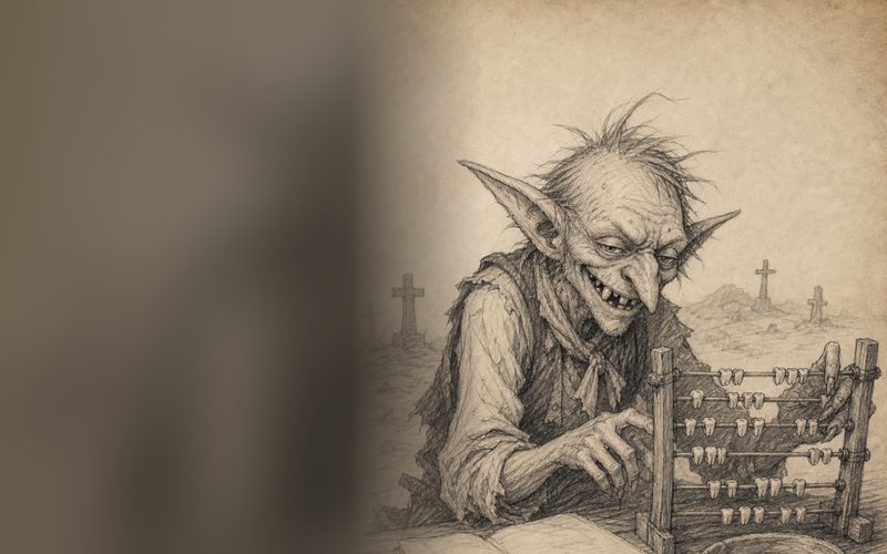 A goblin tallyman hunched over a ledger