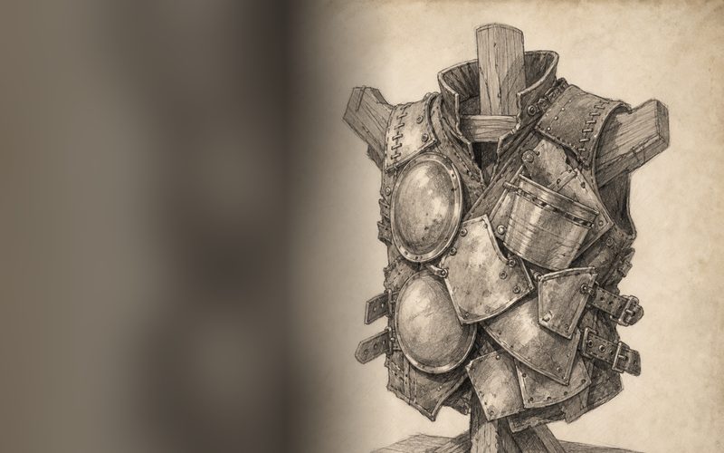 Hammered tin plates riveted over a gunslinger's coat
