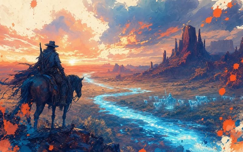 A lone rider above the painted mesa desert at sunset