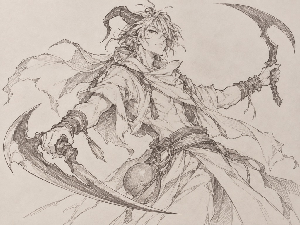 Azrek, Drought Collector, drawn with sweeping pencil lines on warm paper.