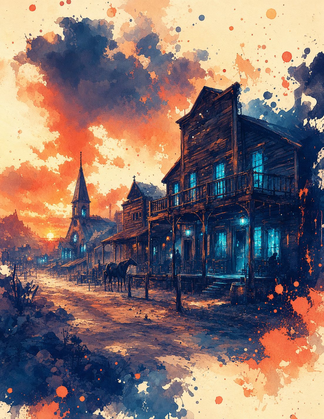 A frontier town at sunset — saloon windows aglow, a church spire against a burning sky