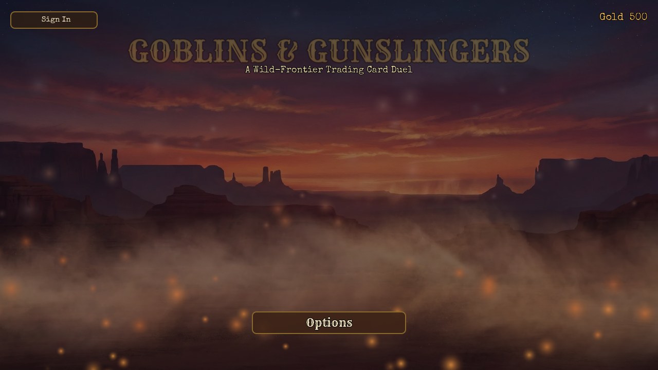 The Showdown client main menu — showcase cards floating over a mesa desert at dusk