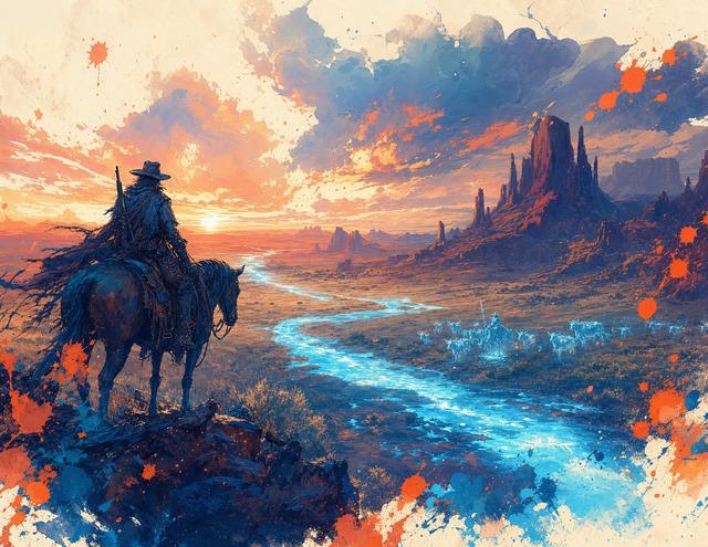 A lone rider crossing the open frontier
